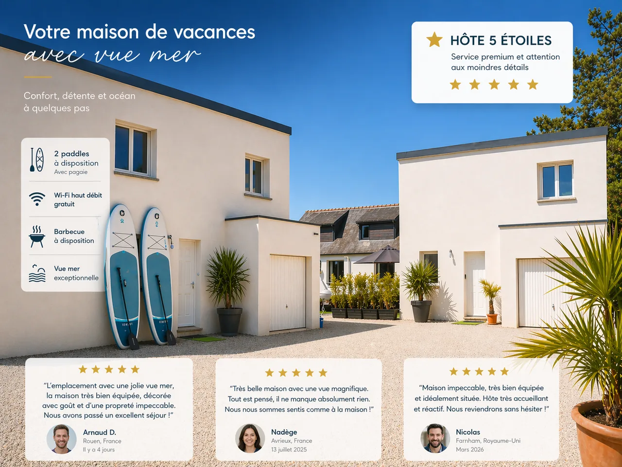 Our two houses, paddles and guest feedback · image text in French